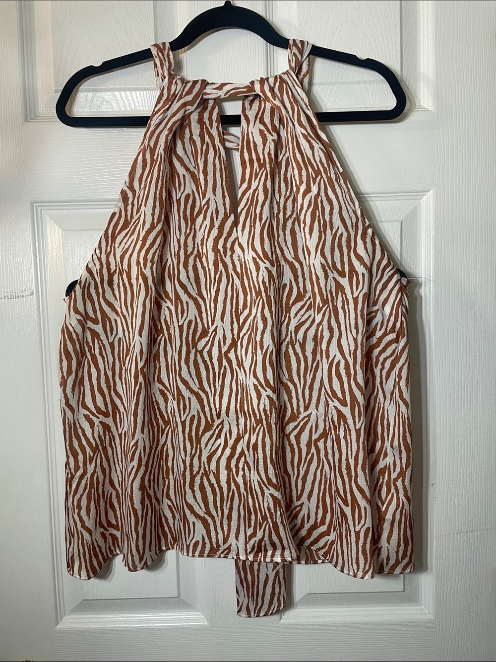 Sleeveless Halter Zebra-Print Blouse - Brown/White